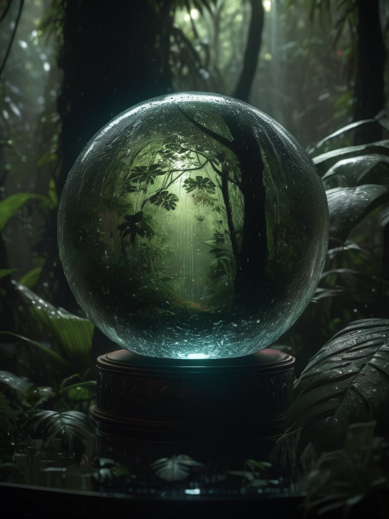 extremely Detailed glass orb with a glowing magical Rain-forest inside, high resolution face, Anti-Aliasing, FXAA, De-Noise, Post-Production, SFX, insanely detailed & intricate, hypermaximalist, elegant, ornate, hyper realistic, super detailed, noir coloration, serene, 16k resolution, full body