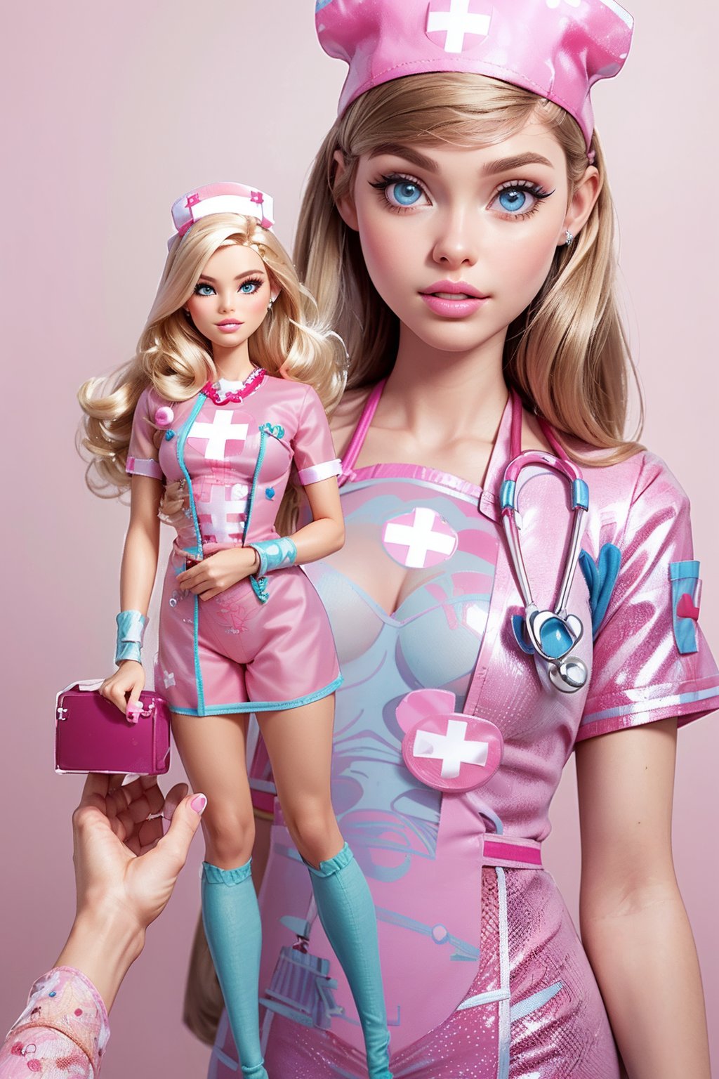 Ultra high resolution, high resolution, (masterpiece: 1.4), hyper-detail, 1girl, inboxDollPlaySetQuiron style, full body , no humans , doll, toy, barbie, in a gift box, character print, middle length hair, blight blue eyes, (((wearing a detailed pink theme nurse outfit and matching accessories:1.5))), pink sparkles, sprinkles, barbie pink color theme, beautiful female barbie, full lips, parted_lips, heavy make-up, smoky eyes, detailed eyes, pretty face,3DMM,inboxDollPlaySetQuiron style,(gal dadot), wonder woman