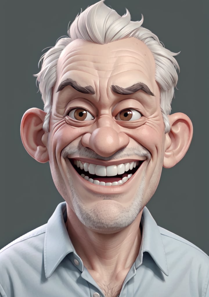 Caricature in the style of Tm Richmond of Mad Magazine | Closeup on the face of a weird old man excited to see us, he has a great big smile. 3DMM