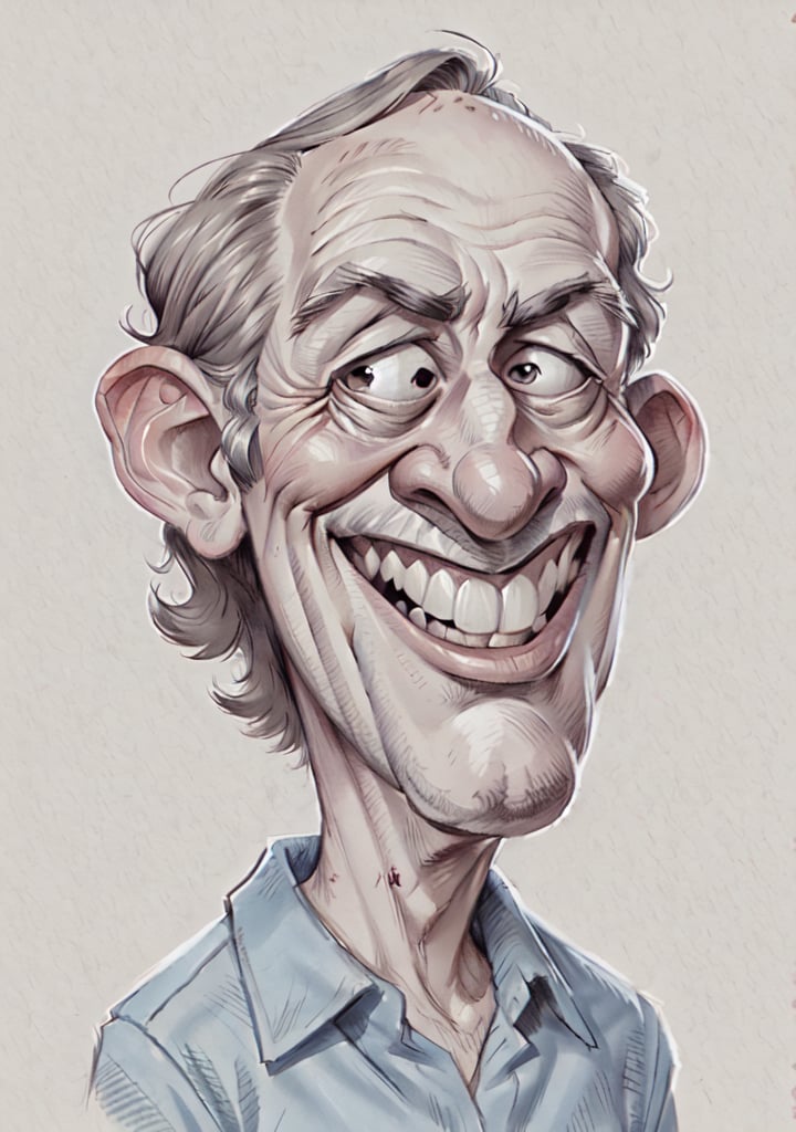 Caricature in the style of Tm Richmond of Mad Magazine | Closeup on the face of a weird old man excited to see us, he has a great big smile. One head only