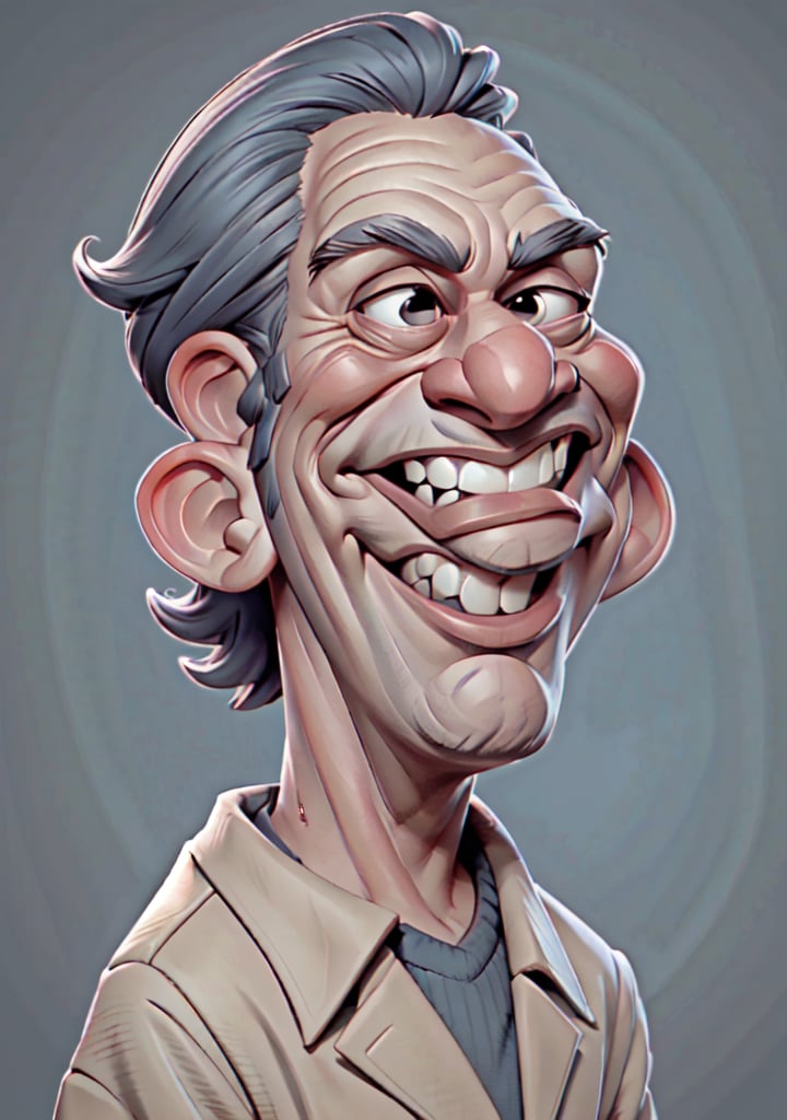 Caricature in the style of Tm Richmond of Mad Magazine | Closeup on the face of a weird old man excited to see us, he has a great big smile. 3DMM