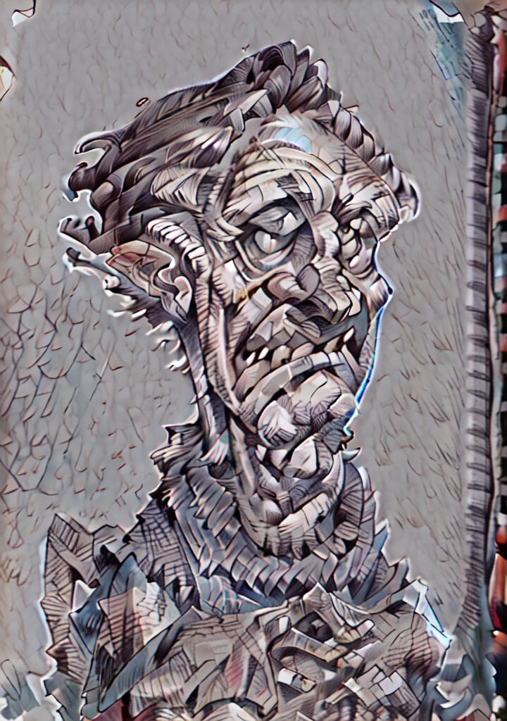 Caricature in the style of Tm Richmond of Mad Magazine | Closeup on the face of a weird old man excited to see us, he has a great big smile. One head only, 3DMM