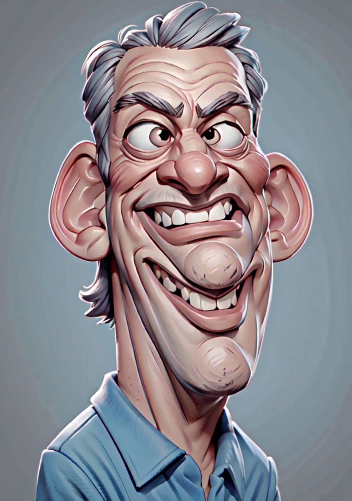 Caricature in the style of Tm Richmond of Mad Magazine | Closeup on the face of a weird old man excited to see us, he has a great big smile. 3DMM