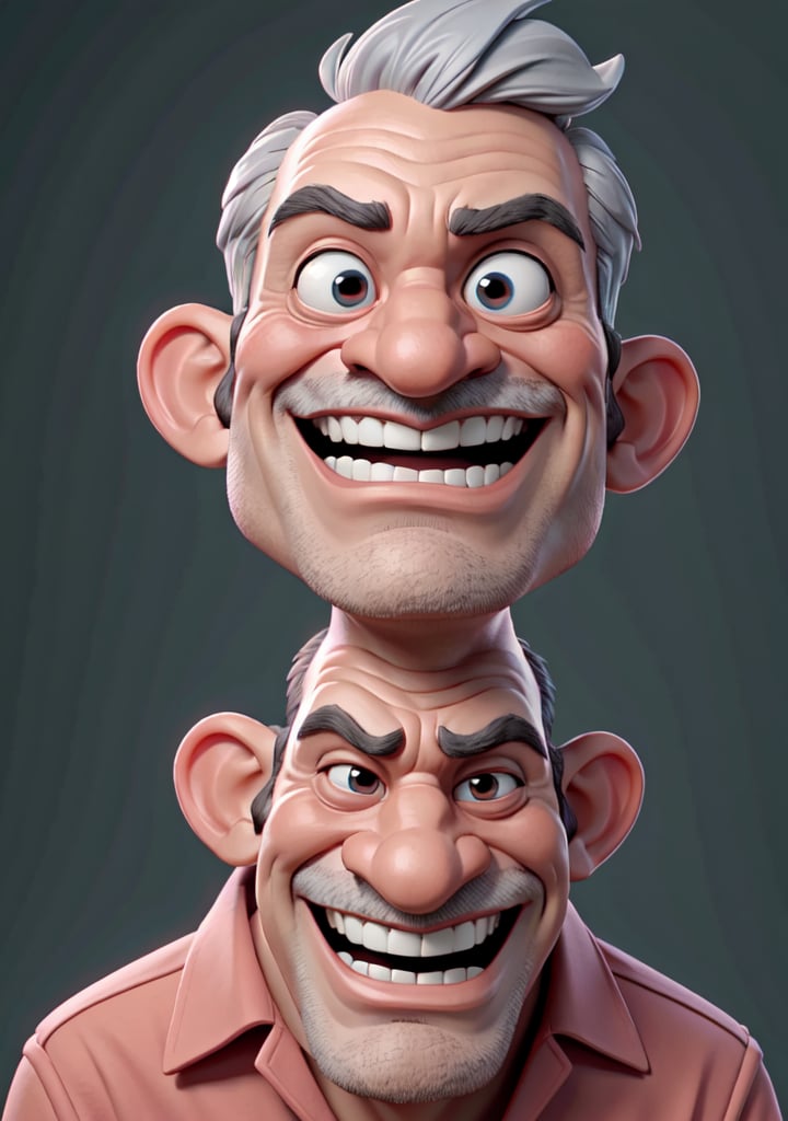 Caricature in the style of Tm Richmond of Mad Magazine | Closeup on the face of a weird old man excited to see us, he has a great big smile. 3DMM