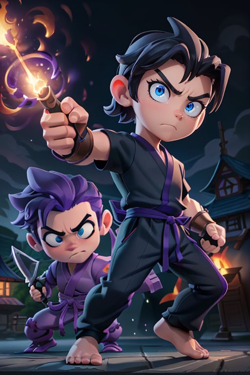 Masterpiece, best quality, caricature, chibi, boy, (20 years), purple ninja uniform, blue eyes, big eyes, angry face, looking-at-viewer, cinematic illumination, light studio, morning sky, village background, (traditional ninja clothes), (orange outfit), dark blue accessories, intricate details.