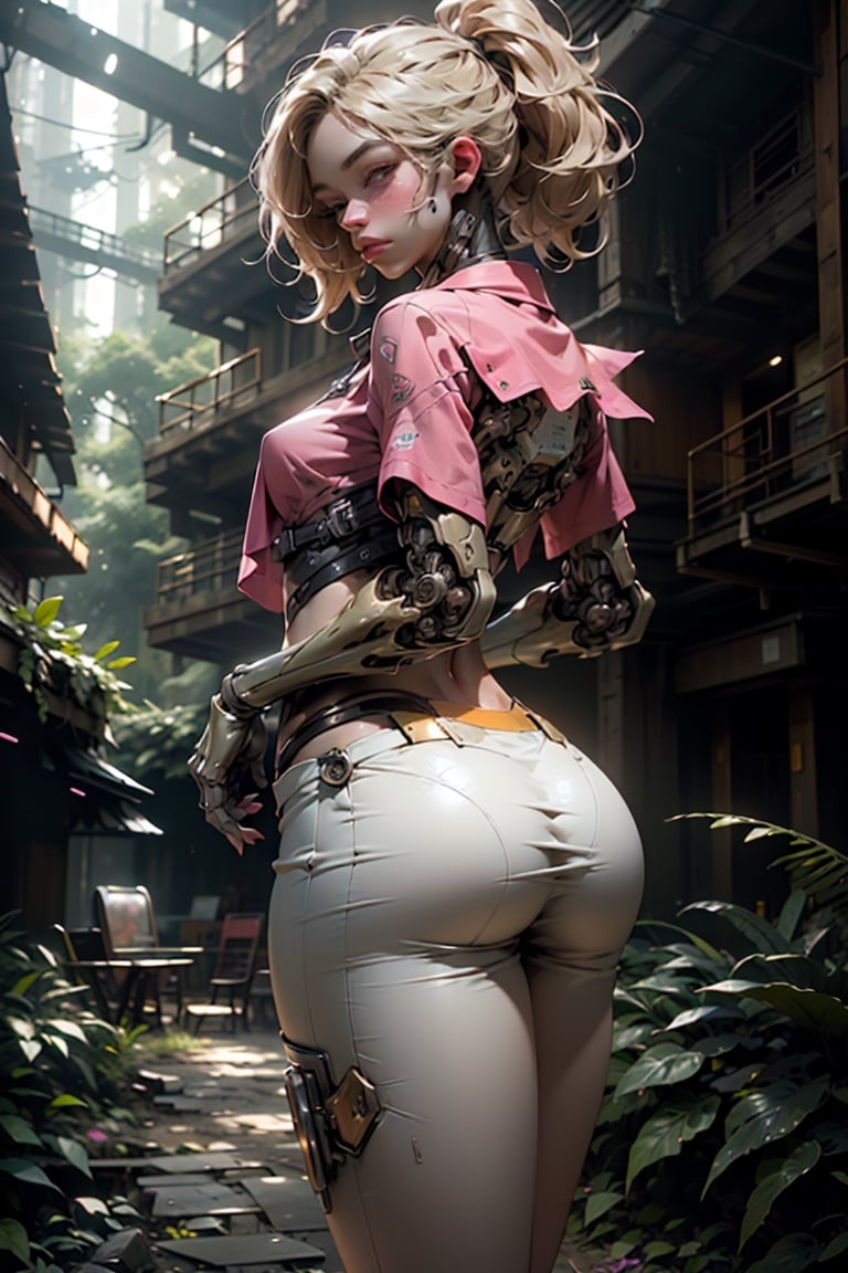 highres, beautiful sense, Barbie, blonde hair, (strong vibrent colours),, Ultra HD, ultra detailed, close-up,,((in a Forest )),lush forest,cinematic poster, (1girl), female      wearing  a pink blouse, sleveless, bars hands,white mini skirt,,  ,     viewed from behind,   outdoors, ((high-tech building background )),  arms, belly, tighs,,  (sci-fi),   . medium breasts, highly detaild beautiful background ,   outdoor Beach sense with high-tech lighting, gleaming, sparkling light, 