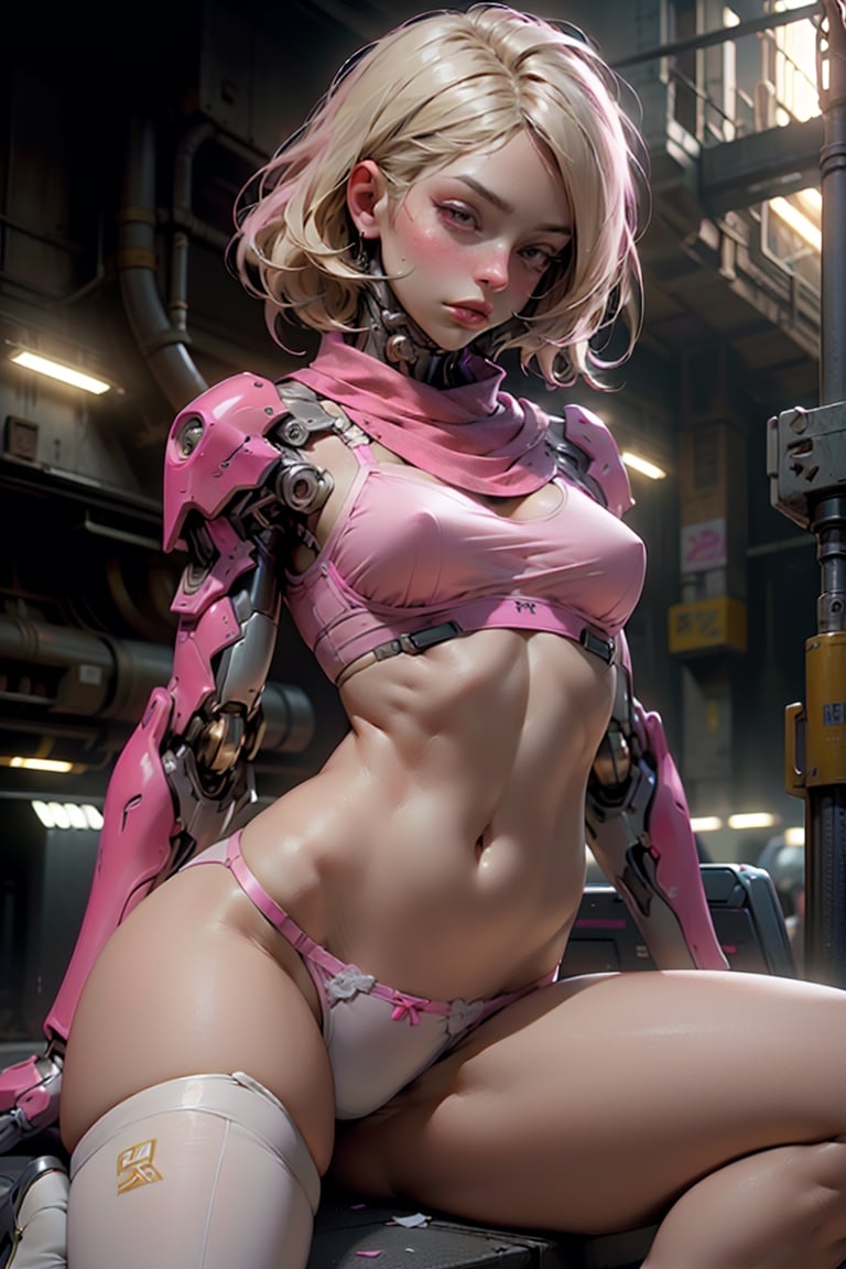 highres, beautiful sense, Barbie, blonde hair, (strong vibrent colours),, Ultra HD, ultra detailed, close-up,, cinematic poster, (1girl), female ,  legs apart,,  ((wearing  a pink bra and panties )),  , bars hands,white panties, belly bare legs, sitting on floor , legs_spread, sexy armpits,,musculer  ,     viewed from front ,   outdoors, ((high-tech lighting background )),    (sci-fi),   . medium breasts, highly detaild beautiful background ,   outdoor  city sense with high-tech lighting, gleaming, sparkling light, high-tech mecha 