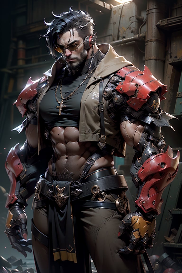 highres, Ultra HD,(( tropical Bunker background) ),,((strong beautiful colours)),ultra detailed,((a male heroin a heavy michancal costume, michancal chest )),cinematic poster, , musculer, biceps, masculine wearing headphones,black hair ,wearing ,military heavy mecha armour ,  big  mecha hands, musculer, yellow and black heavy armour glowing sunglasses , megestic ,,  , front   , (tan_skin )  ,  ,  ,  battle armour,  ,,  ,a sci-fi ocean background,,front,  the the background is a high-tech lighting scene of a Bunker,on vacation in a remote tropical island  ,     , sci-fi, futeristic, ,