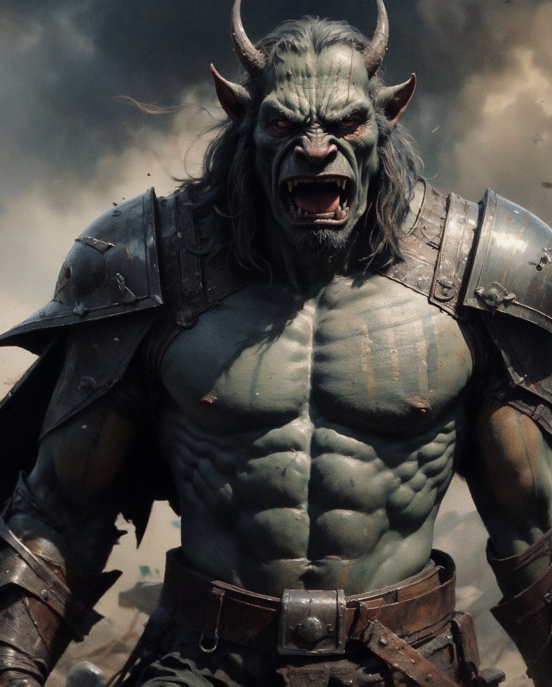 , close-up, ultra high resolution, 8k, masterpiece UHD, unparalleled masterpiece, ultra realistic 8K, 
Atmospheric perspective. close-up shot, a musculer orc ,in the medival battlefield,war, armour, angry 