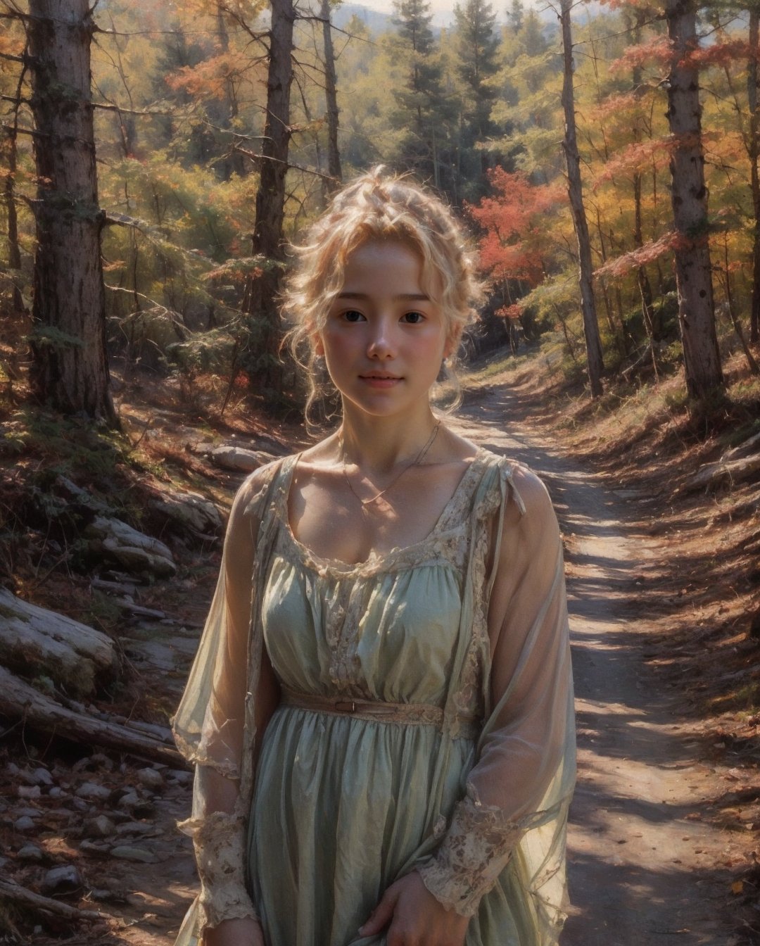 ,   ultra high resolution, 8k, masterpiece UHD, unparalleled masterpiece, ultra realistic 8K, 
Atmospheric perspective. ((beautiful a vilage girl 32 years old )) blonde,,in medivel Europe,in a beautiful wilage,pine trees,cottage,winter,(sleveless ),Autumn