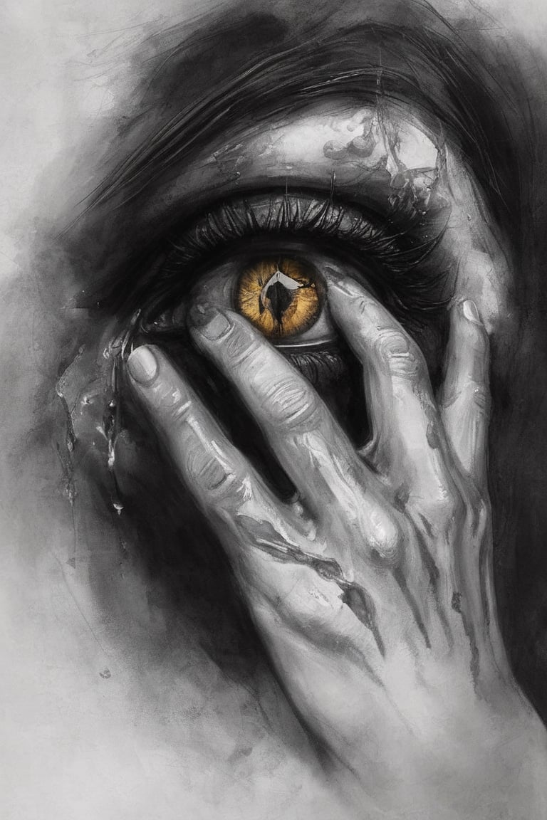 A haunting and conceptual illustration of a hand with a weeping golden eye tattoo. The hand is raised with the middle finger upright, exuding a sense of terror and angst. The eye, filled with tears, seems to have a life of its own, adding to the eerie atmosphere of the piece. The background is dark and mysterious, enhancing the intensity of the scene. This image is a powerful statement of emotion and artistic expression., illustration, conceptual art



,LegendDarkFantasy