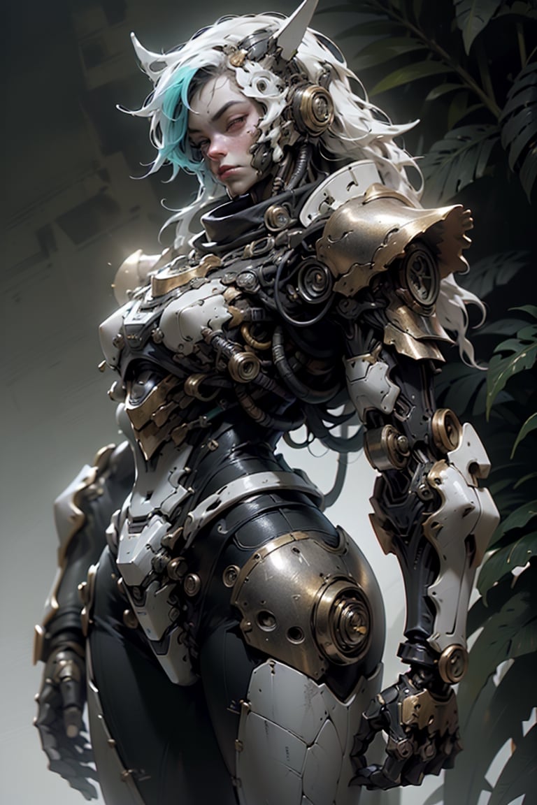 highres, Ultra HD, ultra detailed, cinematic poster,  ,((colourful jungle background )),  ,  a 1 mecha battle bot from the future in a ancient temple,   battle bot,((highly detaild perfect face )), ((black and white mecha armour )) ,(1 bot ),perfect   ,  ,, strong colours,    , Beautiful background ,  ., gold details ,  ((front)), facing the viewer,  the background is a  lighting scene of the ancient  city, gleaming, sparkling light,aincent temple , gleaming, sparkling light,wrenchs,steampunk mechs, 
