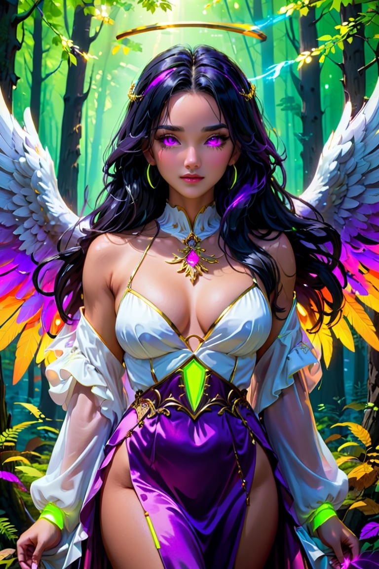 (masterpiece), ,viewed_from_front  ,  perfect  , vibrent , ((strong neon vibrent colours)),,black hair,(masterpiece),( Angel with big wings ) ,viewed_from_front , tan skin , ((flowing dress)),megestic,perfect face ,  medivel,white   dress,,(( wearing  beautiful  purple robes  ),  elegant clothing, Divine  , ,((blonde hair)) ,, facing the viewer ,          ethernel ,     ,perfect face,  epic, megestic   ,, ( (has megestic golden wings in back )),        ((detaild clothes ))  ,(  Forest background) ,vibrant colours  ,       ,more detail XL  ,,   ,
 , full upper body,,  ((vibrent   )) ,     , highly detaild , ,, facing the viewer ,   ,     realistic   ,more detail XL,.