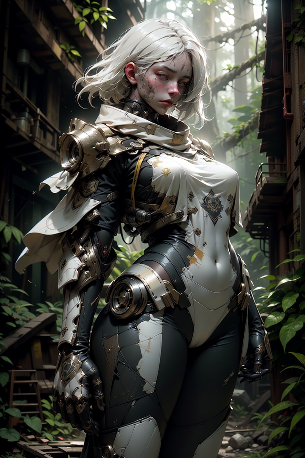 highres, Ultra HD, ultra detailed, cinematic poster, (1girl), Beautiful women in a rainforest , lush trees,white hair ,((wearing A militaristic uniform with burn marks and psychic sigils stitched onto it. They also wear a rebreather to suppress their powers, )),( giant ), bulky shoulders ,  ,  stand, front,pose, the background is a high-tech lighting scene of a lush forest,  lush trees,, gleaming, sparkling light,, ,    