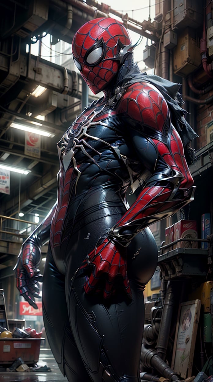 highres, Ultra HD, ultra detailed, cinematic poster, ((the spider man )),facing the viewer, front side,,(spiderman ), musculer, masculine ,   marvel character, tight fit. spiderman costume ,  slime  ((front)), facing the viewer,  , the background is a high-tech lighting scene of the future cyberpunk city, gleaming, sparkling light,wrenchsmechs,Mecha