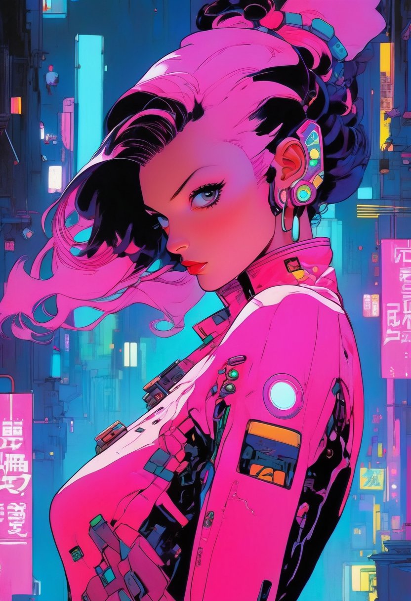 Portrait of a woman in pink cyberpunk suit,   art by Suehiro Maruo, art by Etam Cru, art by Irene Sheri, cinematic lighting, 