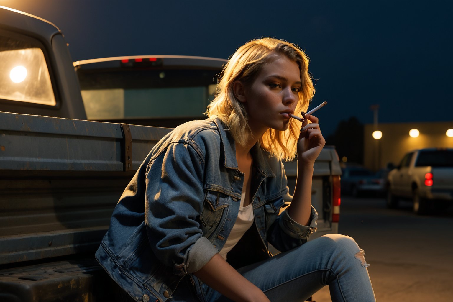 Closeup of a blonde young woman smoking a cigarette sitting on the back of a dusty pickup truck in a dimly lit parking lot at night. She is holding the cigarette with her hand. Her outfit consists of a denim jacket. The truck's tailgate is down, revealing a jumble of boxes and crates. The atmosphere is moody and mysterious, with the yellow glow of the streetlight casting long shadows and reflecting off the truck's metal surface.