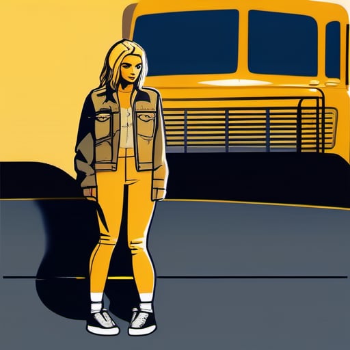 A captivating nighttime photo featuring a blonde young woman smoking a cigarette beside a dusty pickup truck in a dimly lit parking lot. Her outfit consists of a denim jacket, faded jeans, and vintage sneakers. The truck's tailgate is down, revealing a jumble of boxes and crates. The atmosphere is moody and mysterious, with the yellow glow of the streetlight casting long shadows and reflecting off the truck's metal surface.