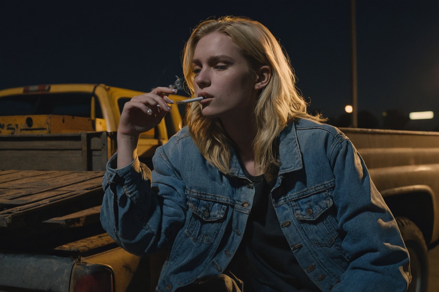 Closeup of a blonde young woman smoking a cigarette sitting on the back of a dusty pickup truck in a dimly lit parking lot at night. She is holding the cigarette with her hand. Her outfit consists of a denim jacket. The truck's tailgate is down, revealing a jumble of boxes and crates. The atmosphere is moody and mysterious, with the yellow glow of the streetlight casting long shadows and reflecting off the truck's metal surface.