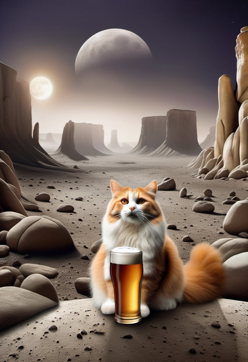 Photo of a cat enjoying a beer on the lunar surface, surrounded by rocky terrain, desolate and otherworldly landscape, art by Gary Larson