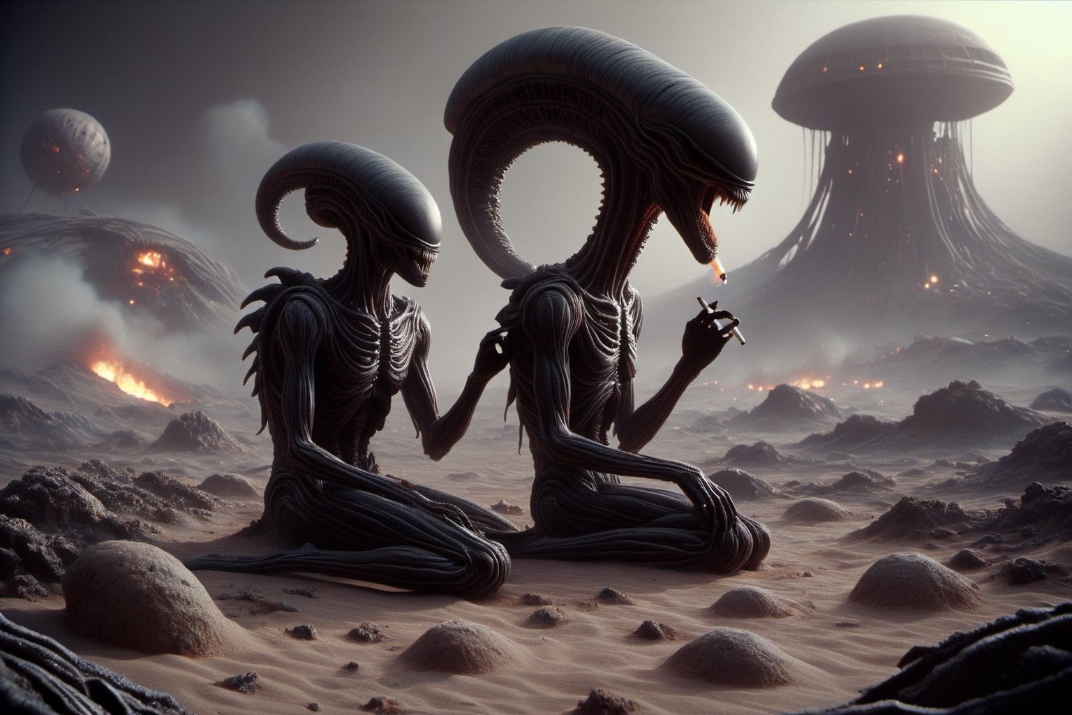 Cinematic Movie Still of a Xenomorph, (puffing a cigarette:1.3), sitting cross-legged on the ground, a crashed burning spaceship wreckage in the background, dessert,  art by H.R. Giger  g1h3r
