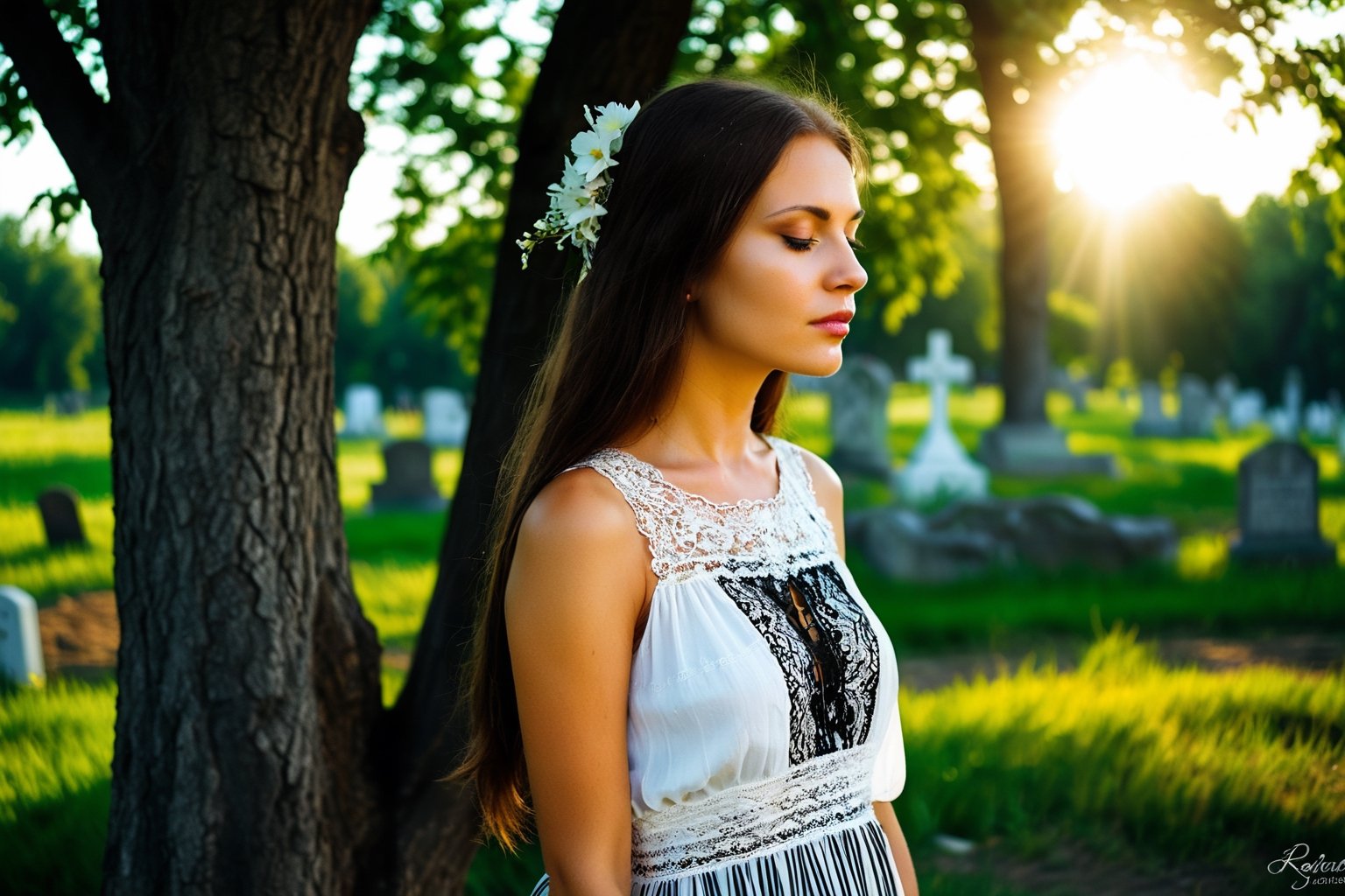 Photo. Profile of a Ukrainian woman in a lace summer dress. She is standing beside a tree with her eyes closed, facing the morning sun. The background is a cemetery.
BREAK
Picture of a Ukrainian woman in a lace summer dress, in profile. She is beside a tree, eyes closed, basking in the morning sun. A cemetery is in the background.
BREAK
Image of a Ukrainian woman wearing a lace summer dress. In profile, she faces the morning sun with eyes closed, next to a tree. The background reveals a cemetery.
BREAK
Snapshot of a Ukrainian woman in a lace summer dress, shown in profile. She stands by a tree, eyes closed, soaking in the morning sun, with a cemetery behind her.
BREAK
Photograph of a Ukrainian woman in a lace summer dress, profile view. She is near a tree, eyes closed, facing the morning sun. The background features a cemetery.
