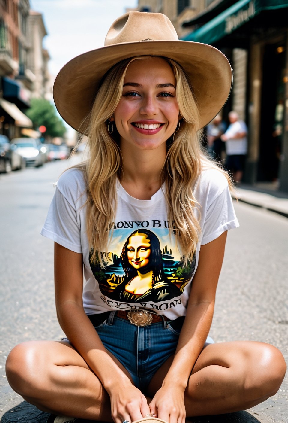 Candid Street photo. Shot from the ground up of a happy blonde woman, cowboy hat, natural relaxed pose, sitting on the pavement, wearing a T-Shirt with Mona Lisa. Style by J.C. Leyendecker. Canon 5d Mark 4, Kodak Ektar, 35mm
BREAK
Candid street photography. Shot from the ground a cheerful blonde woman, cowboy hat, sitting casually on the pavement in a relaxed pose, wearing a T-shirt featuring the Mona Lisa.
BREAK
Casual street scene. A happy blonde woman captured from ground, cowboy hat, sitting naturally on the pavement in a T-shirt adorned with the Mona Lisa, exuding a relaxed vibe.
BREAK
Street candid shot. A blonde woman in cowboy hat Shot from the ground, sitting comfortably on the pavement, radiating happiness in a Mona Lisa T-shirt.
BREAK
Candid street photo. shot from below A cheerful blonde woman, cowboy hat, sitting on the pavement in a natural, relaxed manner, wearing a T-shirt with the Mona Lisa on it.
BREAK
Urban candid photo. Below angle of a happy blonde woman, cowboy hat, sitting relaxed on the pavement, sporting a T-shirt with a Mona Lisa print.