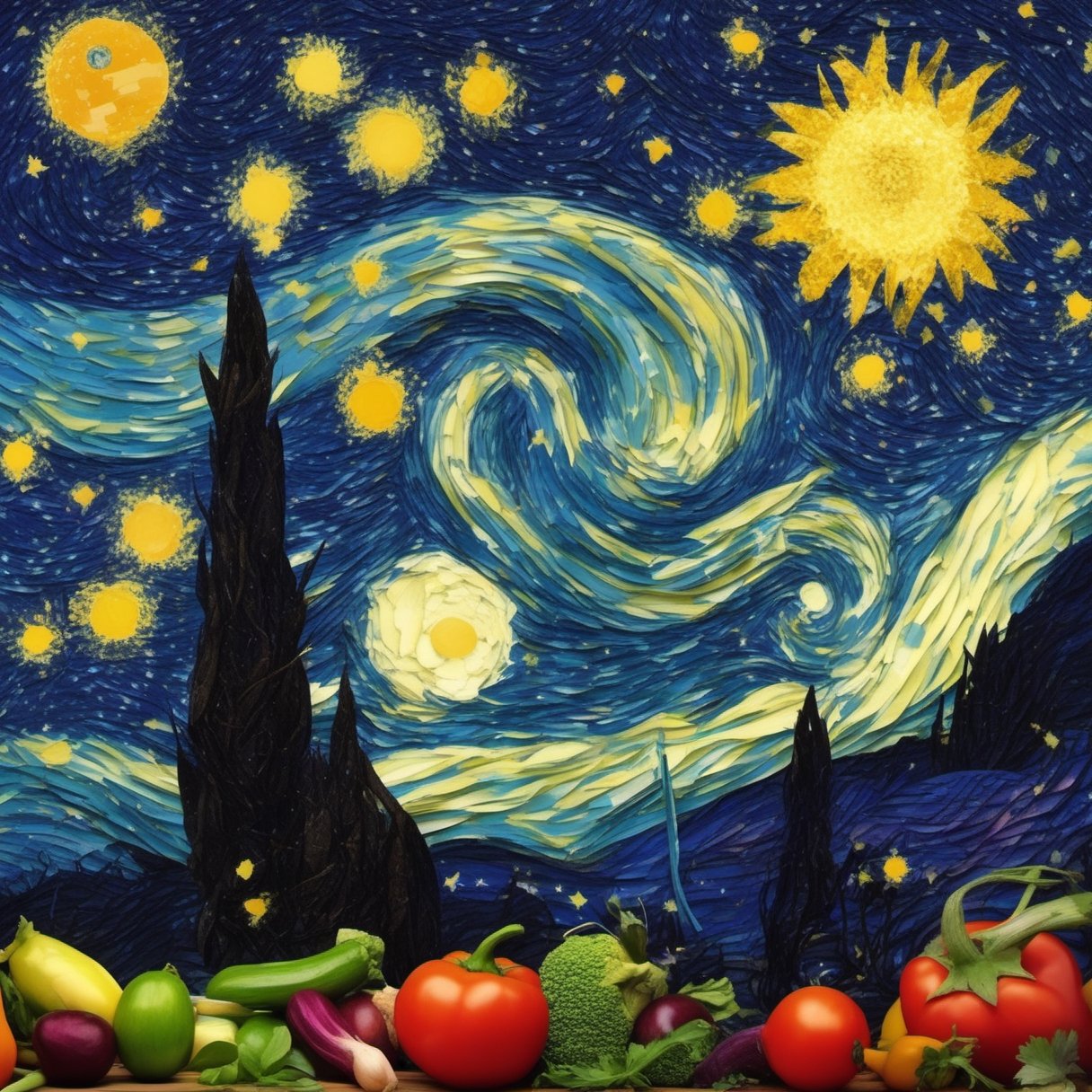 Vegatables arranged as Starry Night, v0ng44g,p0rtr14t