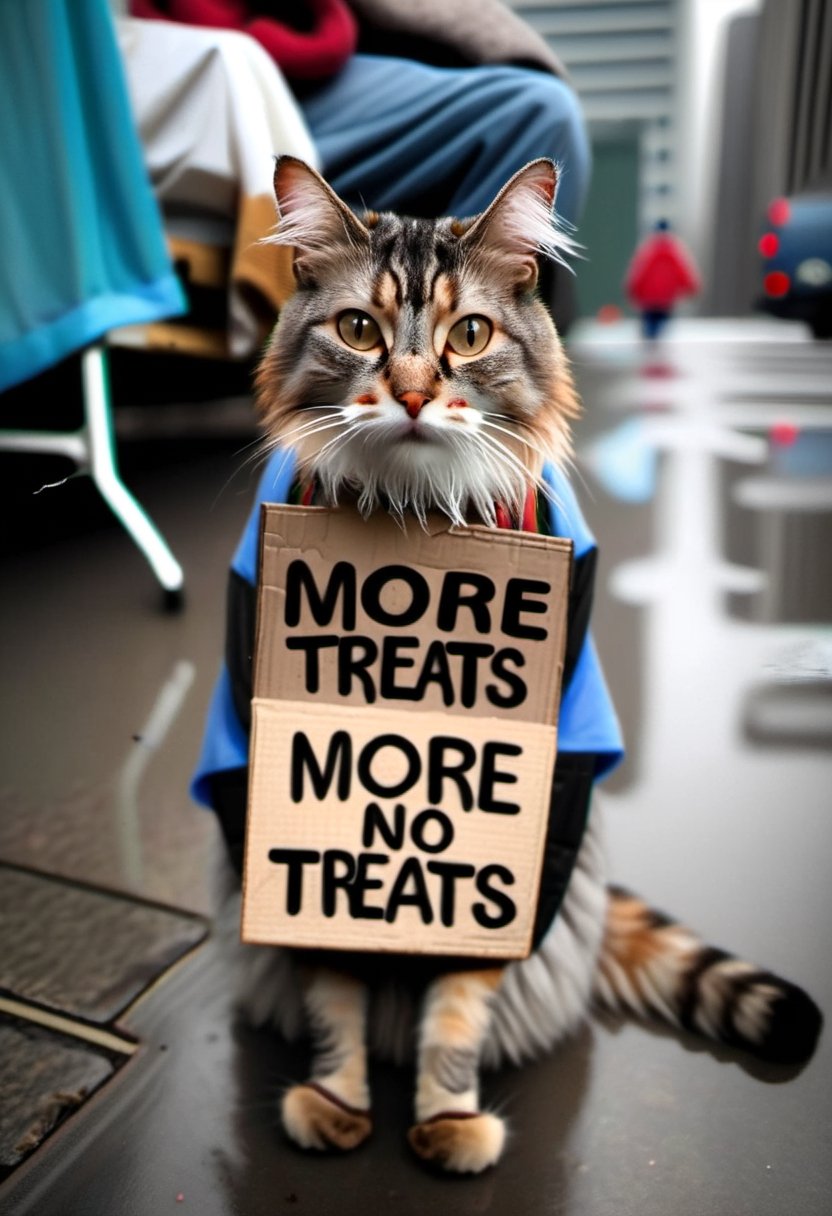 Photo of a homeless cat, wearing a sign that say "More Treats, No Bath".
