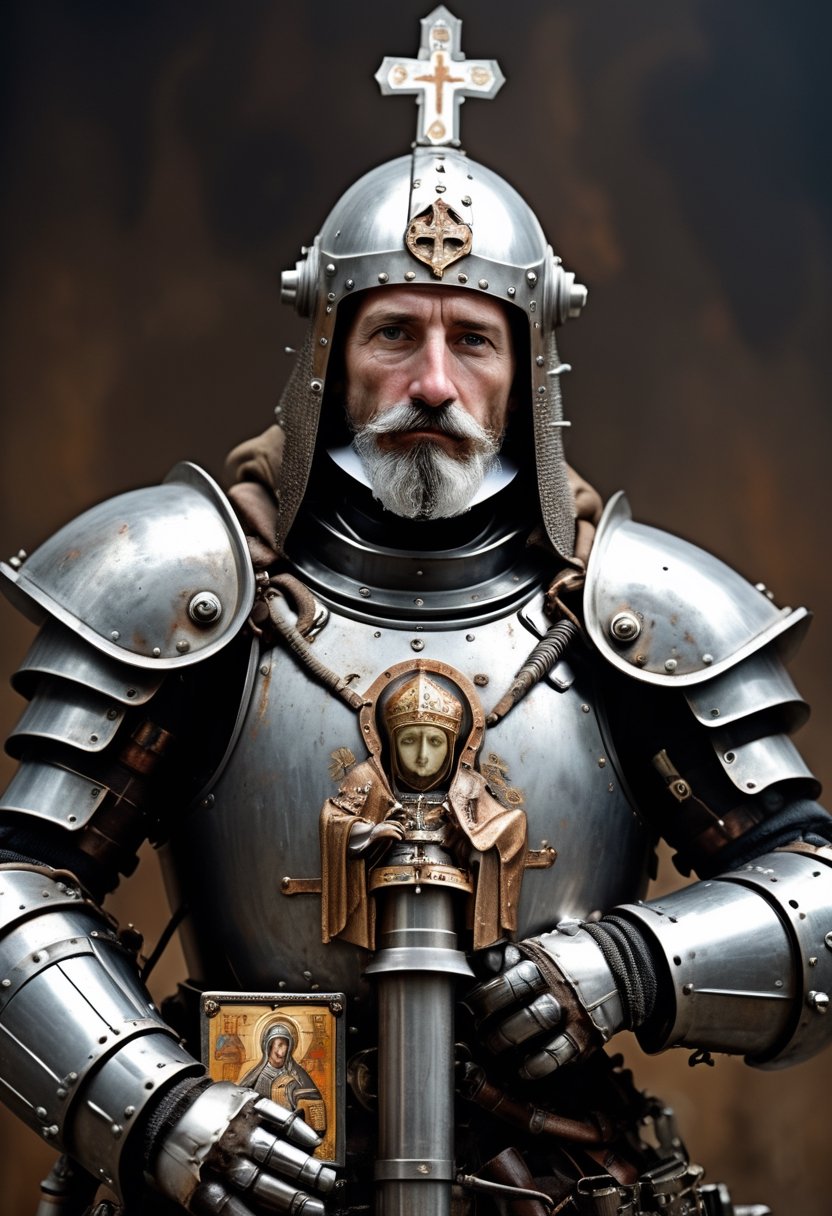 macro portrait of a Knight wearing rusted heavy armor, holding a plaque of Orthodox Icons of Virgin Mary, breathing tube, machine gun. Post-apocalyptic Steampunk style, 100mm f/2.8 macro lens, skin pores, imperfections, pores, moustache, macro, extreme details, looking at viewer,
