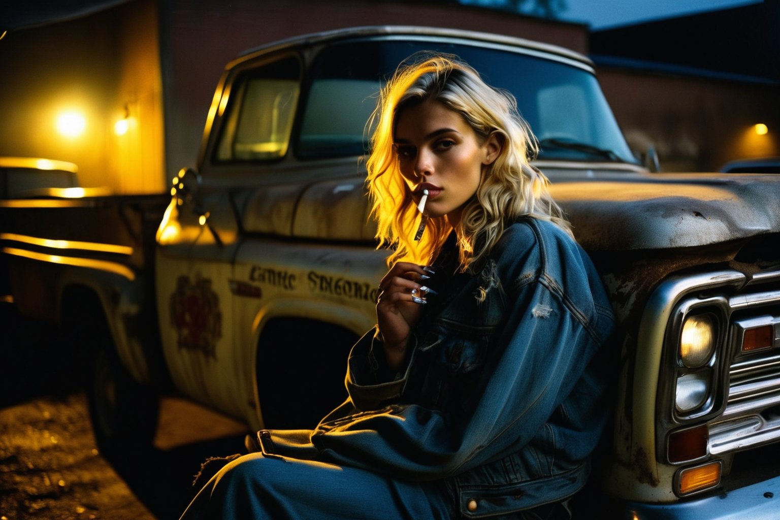 Style by J.C. Leyendecker. Canon 5d Mark 4, Kodak Ektar, 35mm. Closeup of a blonde young woman smoking a cigarette sitting on the back of a dusty pickup truck in a dimly lit parking lot at night. She is holding the cigarette with her hand. Her outfit consists of a denim jacket. The truck's tailgate is down, revealing a jumble of boxes and crates. The atmosphere is moody and mysterious, with the yellow glow of the streetlight casting long shadows and reflecting off the truck's metal surface.