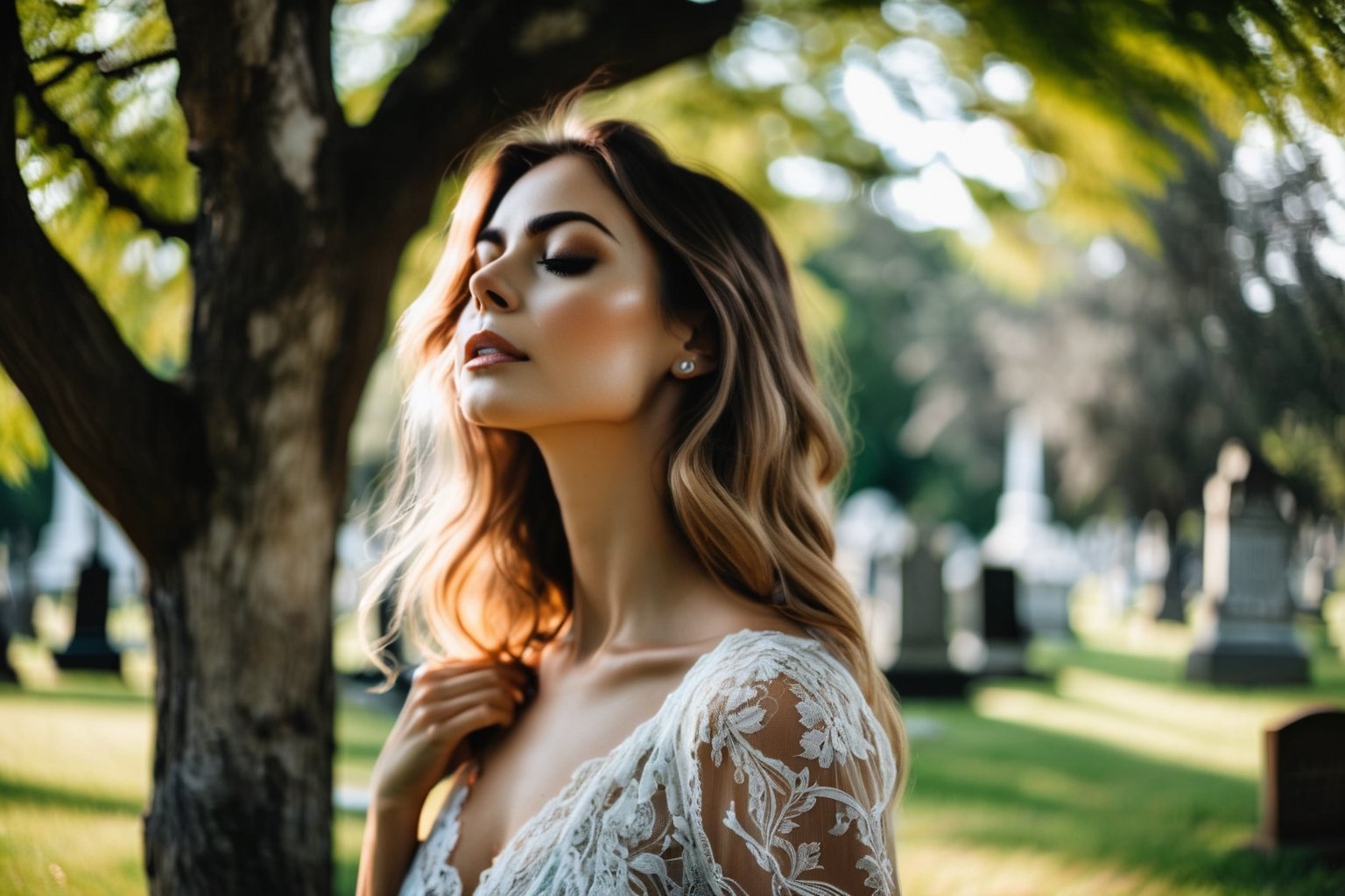 Photo.  Profile of a woman in a lace summer dress, She is looking upward with her eyes closed beside a tree.  Background is a cemetery