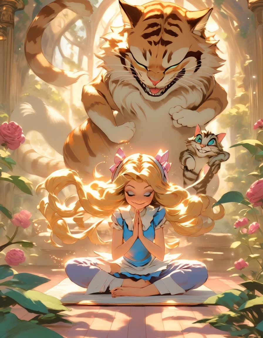 Anime artwork of Disney Alice in Wonderland doing yoga with the Cheshire Cat, art by Makoto Shinkai, art by J.C. Leyendecker