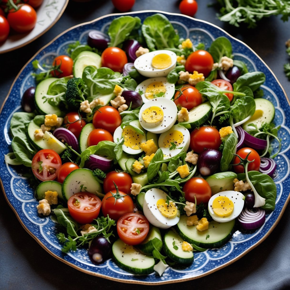 Photo of a platter of vegetable salad, arranged in the for of Van Gogh's Starry Night