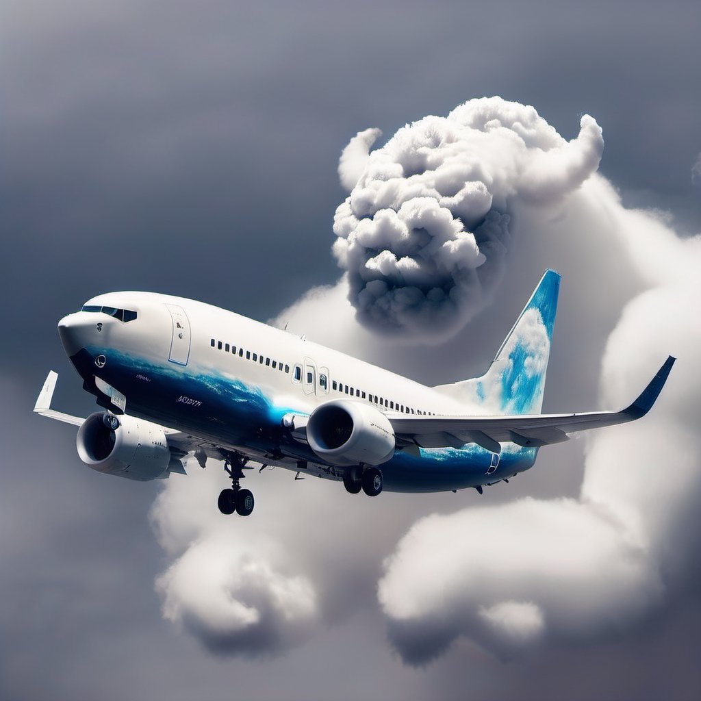 Boeing 737 flying, backgrouind is a Cloud that looks like a Demon. 