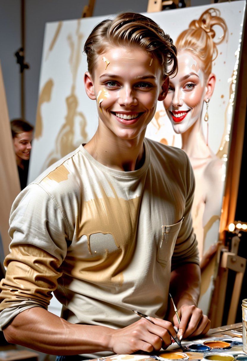 Photo of Swede,  21yo,  art by J.C. Leyendecker,  light smile,  covered in paint in a artist's studio painting a picture of model, UHD 8k wallpaper