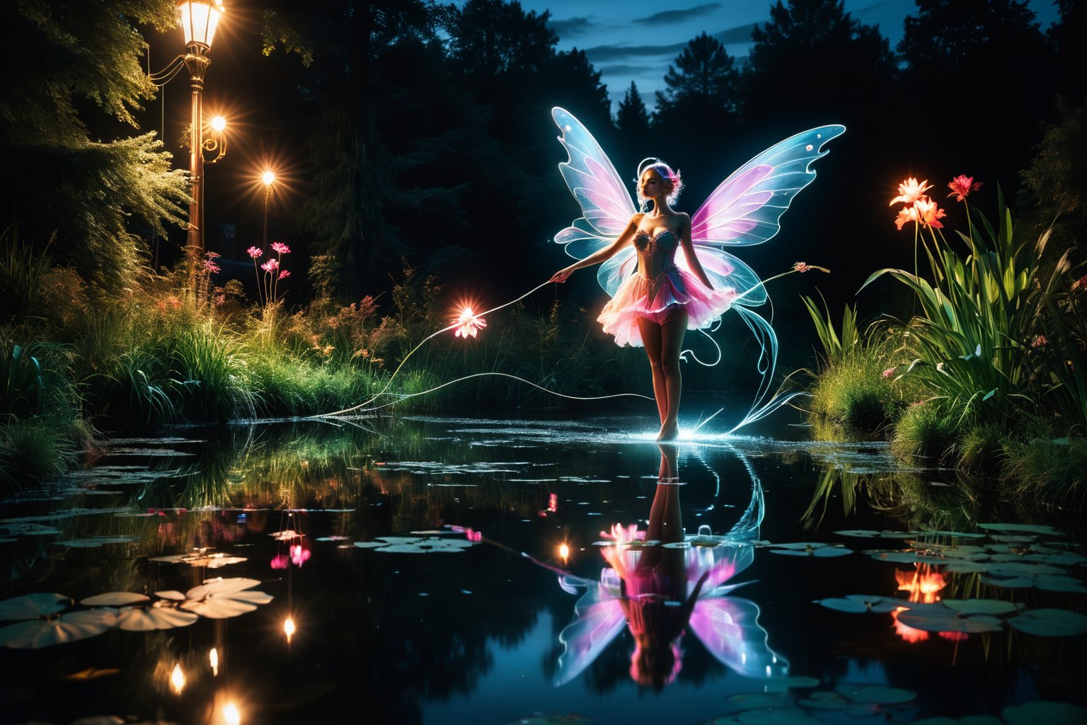 Photo of a water fairy gliding over a pond, reflections in the water, night scene. ral-exposure, in the style of double exposure, neon art nouveau, long exposure, wimmelbilder, layered lines, neonpunk, chiaroscuro, best quality, masterpiece, highres, absurdres, incredibly absurdres, huge filesize, wallpaper, colorful,8K,RAW, Style by J.C. Leyendecker. Canon 5d Mark 4, Kodak Ektar, 35mm,Long_Exposure 