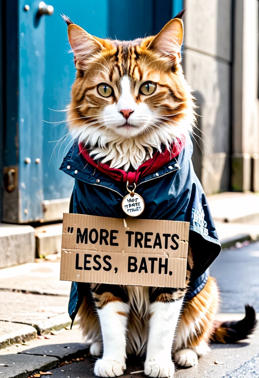 Photo of a homeless cat, wearing a sign that say "More Treats, Less Bath".