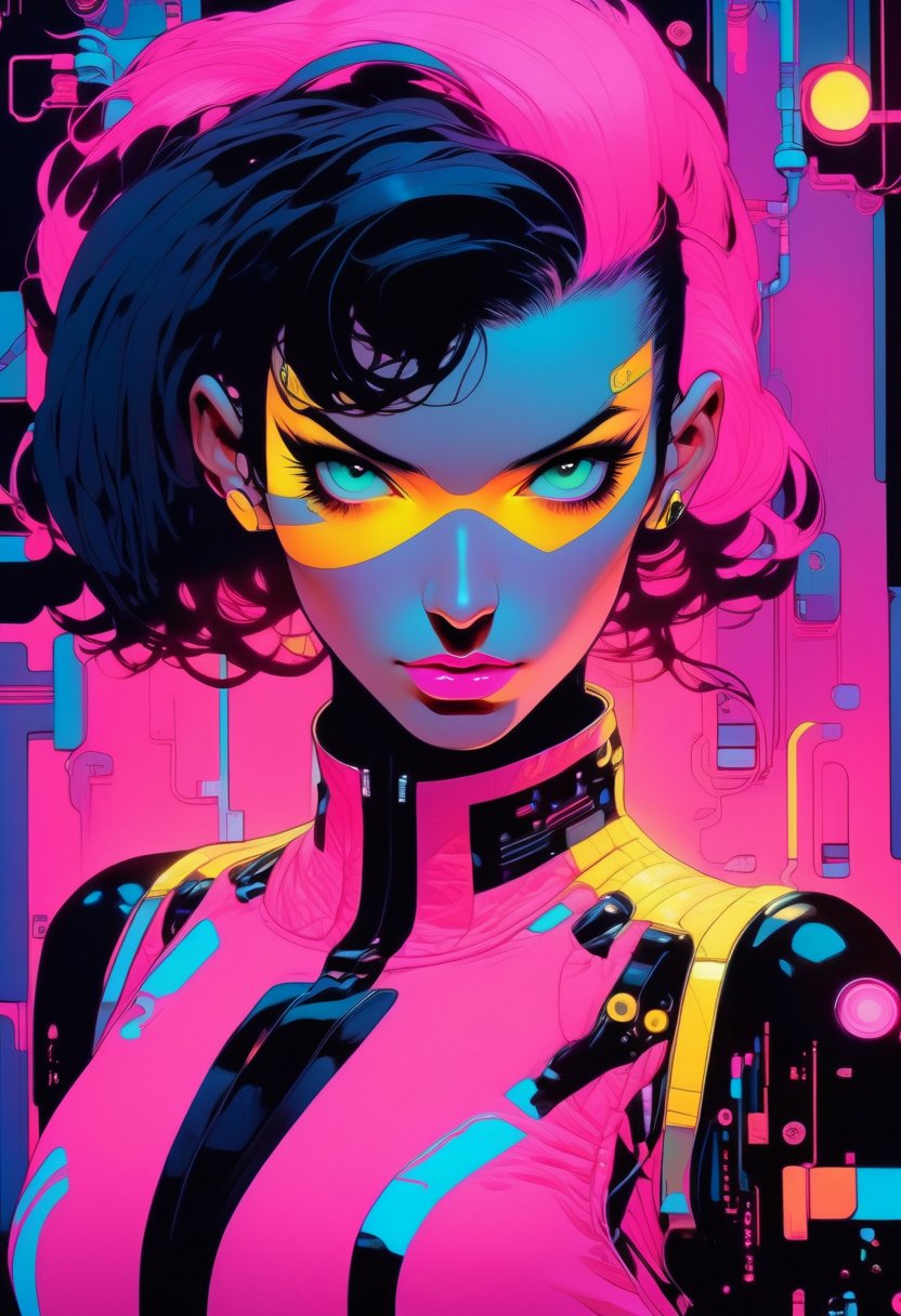 Portrait of a woman in pink cyberpunk suit,   art by Suehiro maruo,  etam cru,  irene sheri, cinematic lighting,  natural shadow,  highest detail,  professional photography, intricate,  aesthetic,  subsurface scattering,  dark tones,  in the style of pink,  yellow and black tones