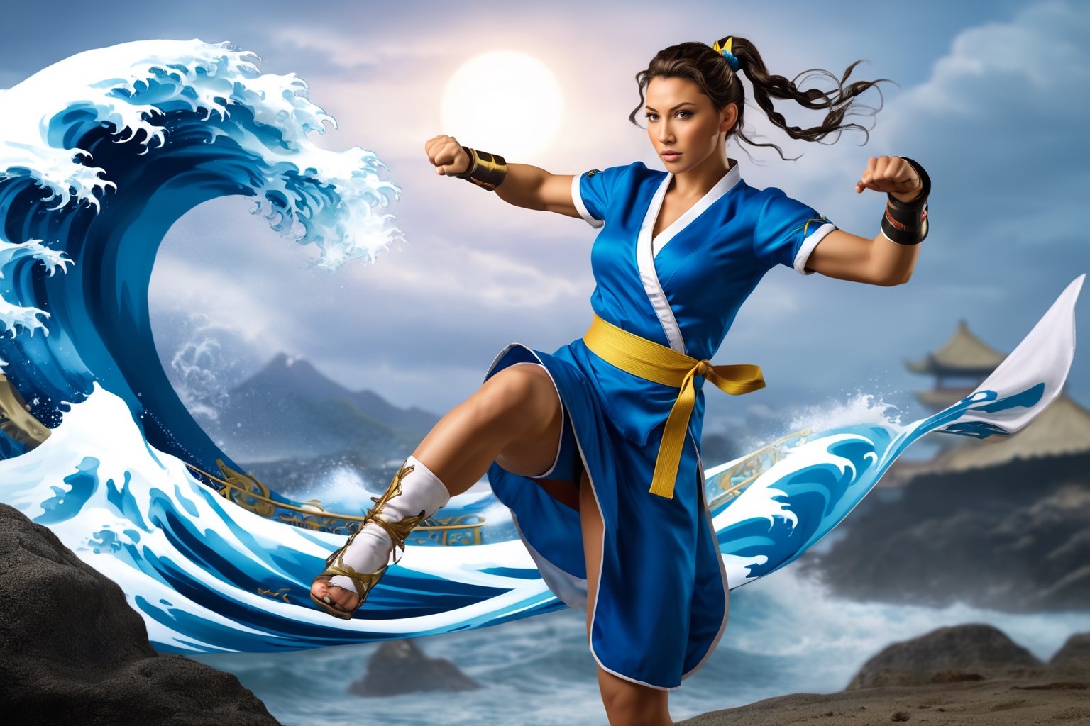 Long shot. Photo of a Chun-Li from Street Fighter, running, background The Great Wave off Kanagawa