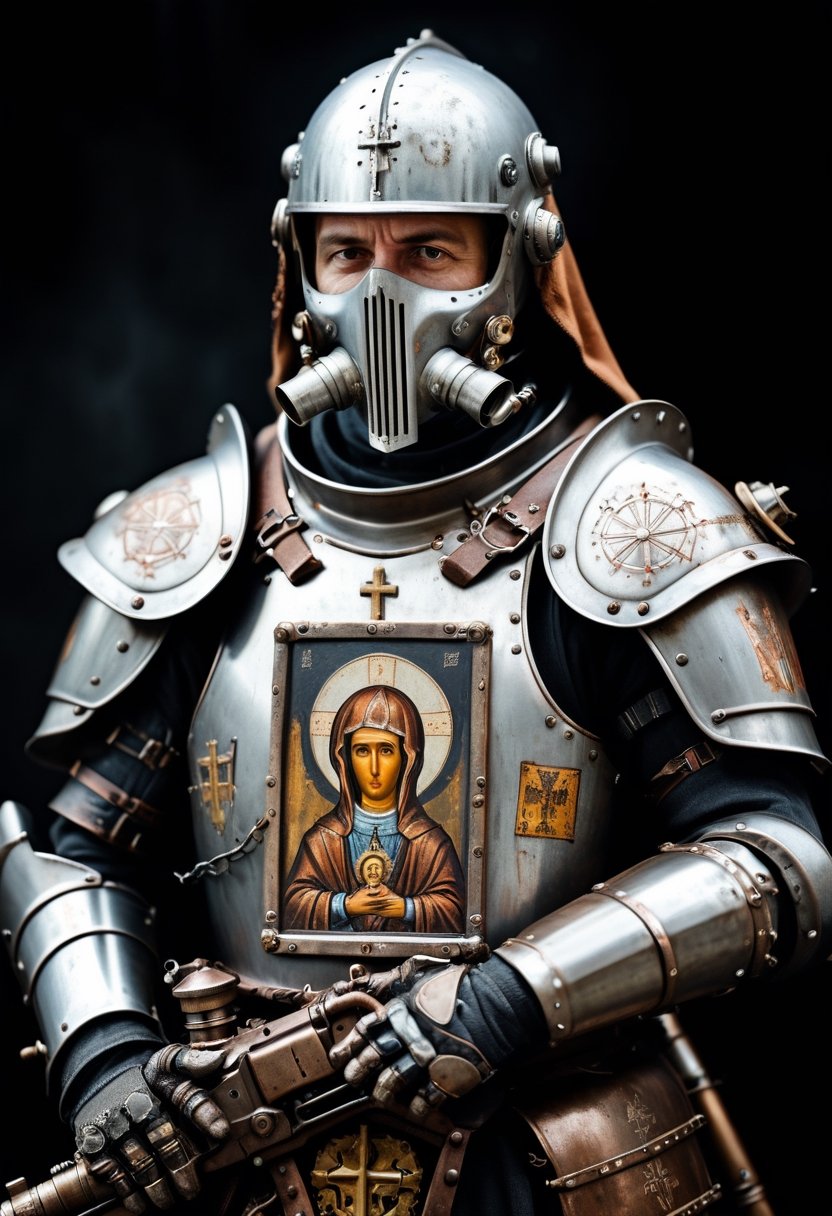 macro portrait of a Knight wearing rusted heavy armor, holding a plaque of Orthodox Icons of Virgin Mary, breathing tube, machine gun. Post-apocalyptic Steampunk style, 100mm f/2.8 macro lens, skin pores, imperfections, pores, moustache, macro, extreme details, looking at viewer,