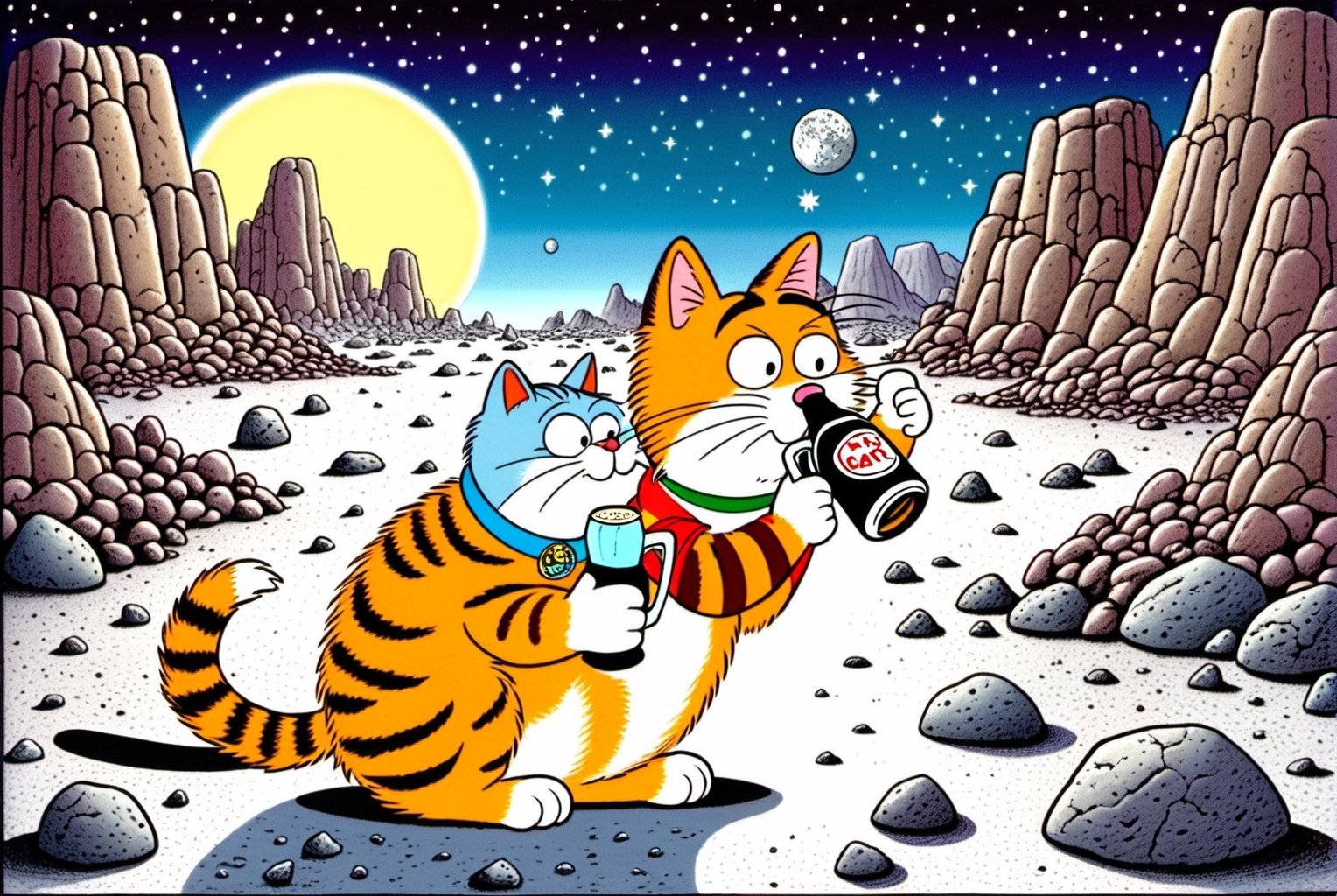 Cartoon Artwork. A cat drinking a beer on the lunar surface, surrounded by rocky terrain, desolate and otherworldly landscape, art by Gary Larson