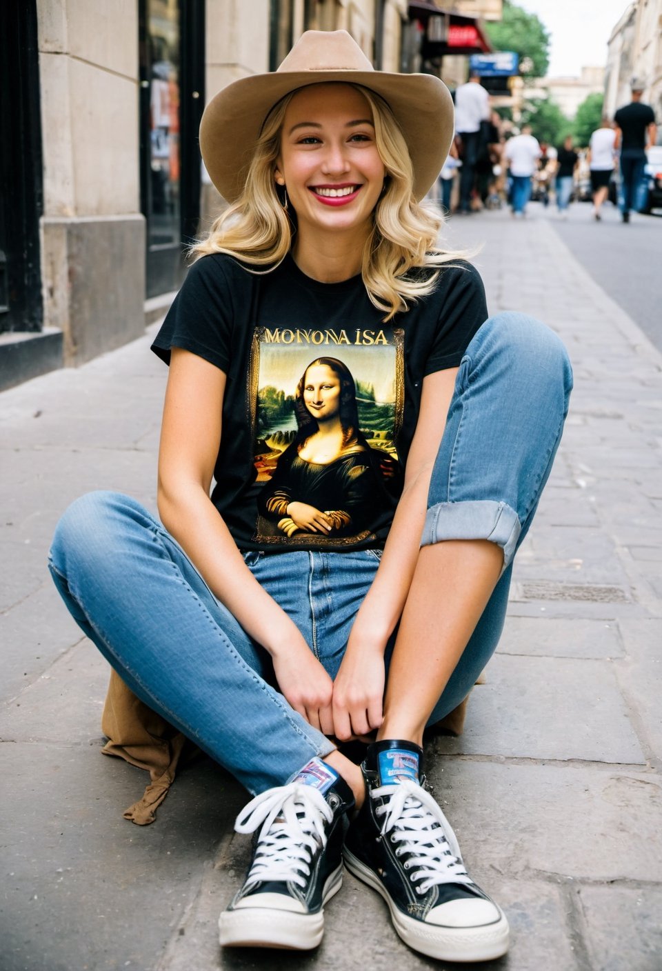 Candid Street photo. Shot from the ground up of a happy blonde woman, cowboy hat, natural relaxed pose, sitting on the pavement, wearing a T-Shirt with Mona Lisa. Style by J.C. Leyendecker. Canon 5d Mark 4, Kodak Ektar, 35mm
BREAK
Candid street photography. Shot from the ground a cheerful blonde woman, cowboy hat, sitting casually on the pavement in a relaxed pose, wearing a T-shirt featuring the Mona Lisa.
BREAK
Casual street scene. A happy blonde woman captured from ground, cowboy hat, sitting naturally on the pavement in a T-shirt adorned with the Mona Lisa, exuding a relaxed vibe.
BREAK
Street candid shot. A blonde woman in cowboy hat Shot from the ground, sitting comfortably on the pavement, radiating happiness in a Mona Lisa T-shirt.
BREAK
Candid street photo. shot from below A cheerful blonde woman, cowboy hat, sitting on the pavement in a natural, relaxed manner, wearing a T-shirt with the Mona Lisa on it.
BREAK
Urban candid photo. Below angle of a happy blonde woman, cowboy hat, sitting relaxed on the pavement, sporting a T-shirt with a Mona Lisa print.