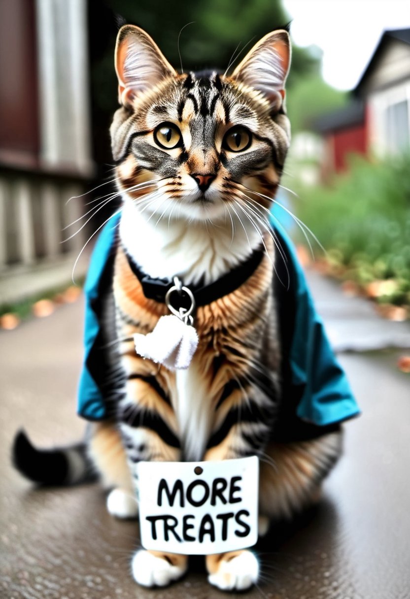Photo of a homeless cat, wearing a sign that say "More Treats, No Bath".