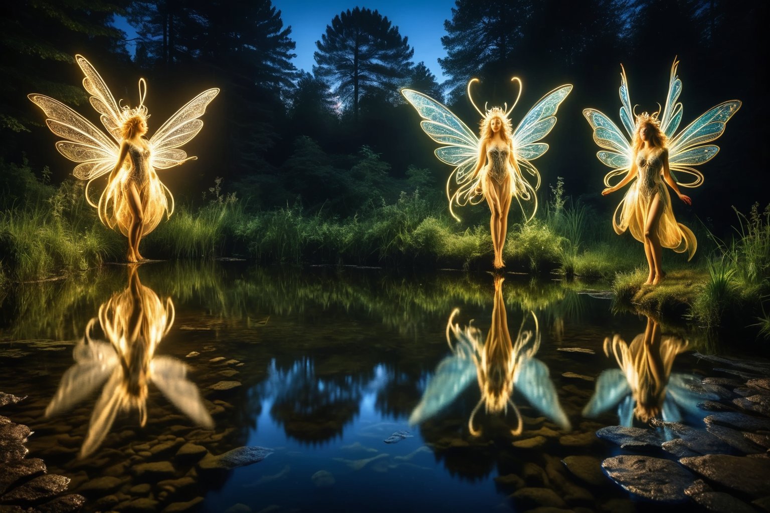 A group of water faeries gliding over a pond, reflections in the water, night scene. ral-exposure, in the style of double exposure, neon art nouveau, long exposure, 