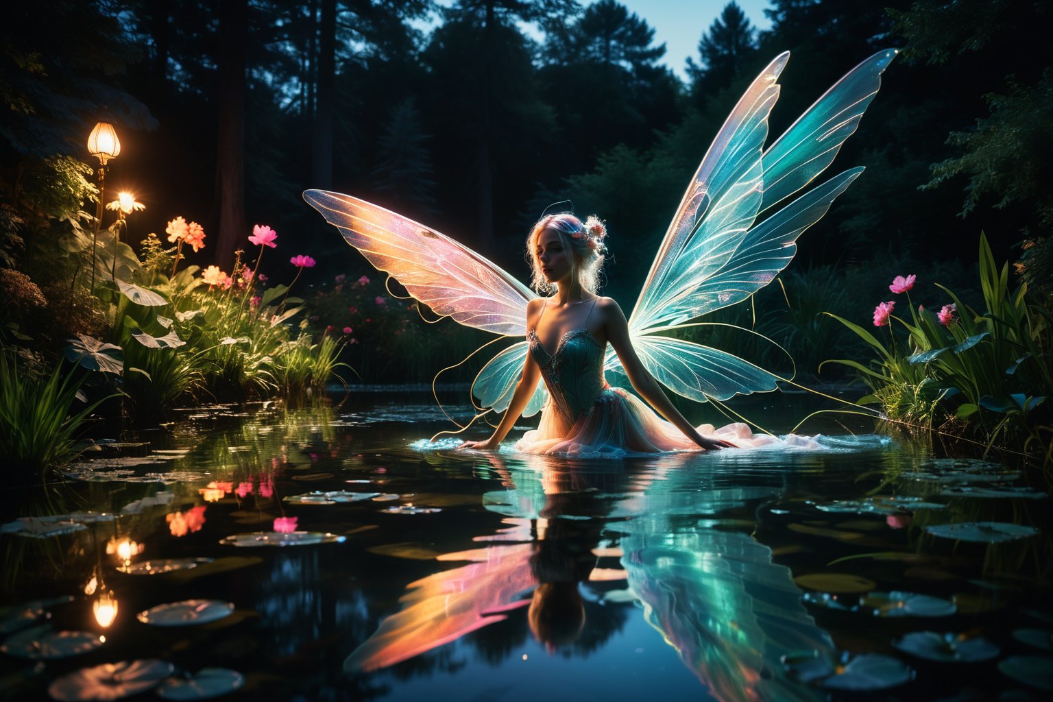 Close-up Photo of a water fairy gliding over a pond, reflections in the water, night scene. ral-exposure, in the style of double exposure, neon art nouveau, long exposure, wimmelbilder, layered lines, neonpunk, chiaroscuro, best quality, masterpiece, highres, absurdres, incredibly absurdres, huge filesize, wallpaper, colorful,8K,RAW, Style by J.C. Leyendecker. Canon 5d Mark 4, Kodak Ektar, 35mm,Long_Exposure 