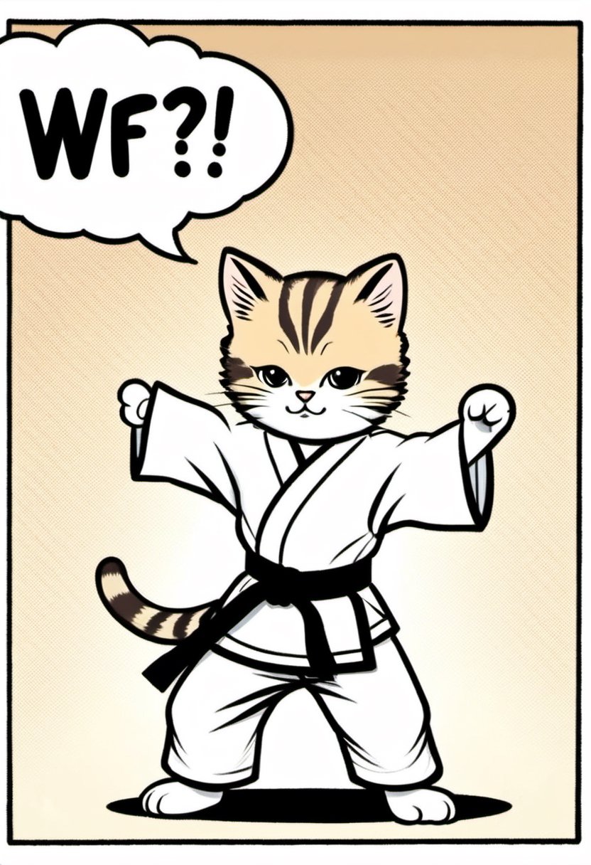 Photo of a kitten, wearing karate gi, practicing Karate at a doujo. Comic book thought bubble says "WFT?"