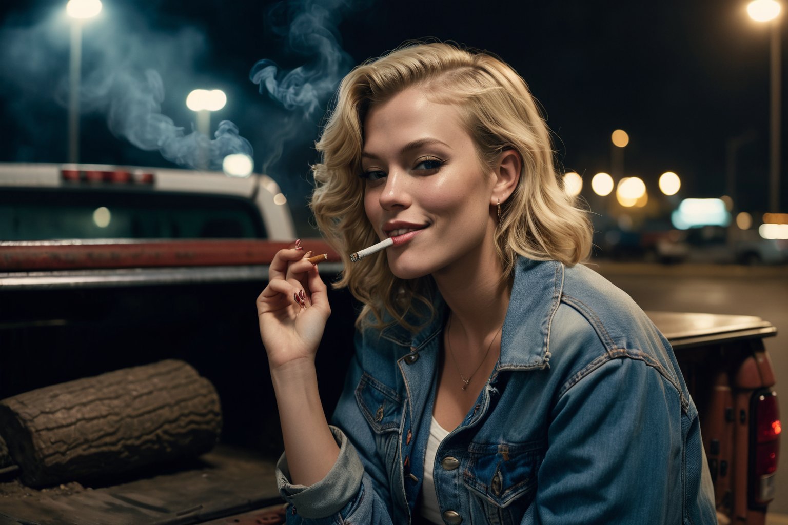 Closeup nighttime photo of a blonde woman smoking and  leaning against the open trunk of a pickup truck. She is smoking. She is wearing a denim jacke, and exudes a carefree attitude with a cigarette in her hand and a playful grin on her face. The background reveals a dimly lit parking lot, with just enough light to cast a mysterious ambiance. A hazy atmosphere envelops the scene, adding to the overall intrigue.