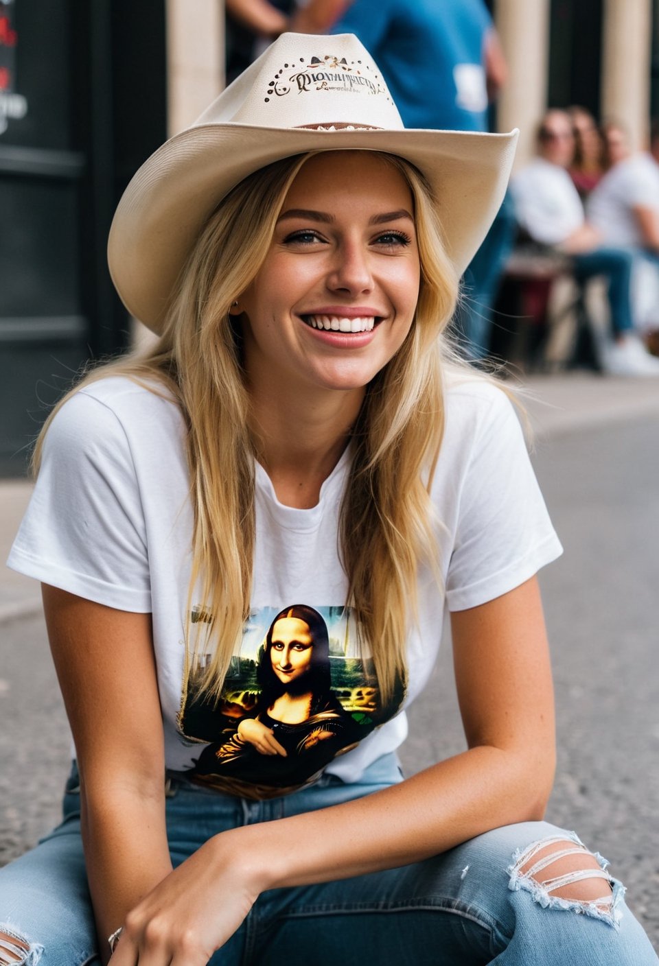 Candid Street photo. Shot from the ground up of a happy blonde woman, cowboy hat, natural relaxed pose, sitting on the pavement, wearing a T-Shirt with Mona Lisa. Style by J.C. Leyendecker. Canon 5d Mark 4, Kodak Ektar, 35mm
BREAK
Candid street photography. Shot from the ground a cheerful blonde woman, cowboy hat, sitting casually on the pavement in a relaxed pose, wearing a T-shirt featuring the Mona Lisa.
BREAK
Casual street scene. A happy blonde woman captured from ground, cowboy hat, sitting naturally on the pavement in a T-shirt adorned with the Mona Lisa, exuding a relaxed vibe.
BREAK
Street candid shot. A blonde woman in cowboy hat Shot from the ground, sitting comfortably on the pavement, radiating happiness in a Mona Lisa T-shirt.
BREAK
Candid street photo. shot from below A cheerful blonde woman, cowboy hat, sitting on the pavement in a natural, relaxed manner, wearing a T-shirt with the Mona Lisa on it.
BREAK
Urban candid photo. Below angle of a happy blonde woman, cowboy hat, sitting relaxed on the pavement, sporting a T-shirt with a Mona Lisa print.