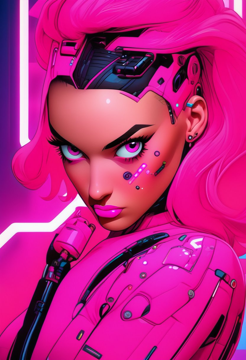Portrait of A gorgeous young European woman in pink cyberpunk suit